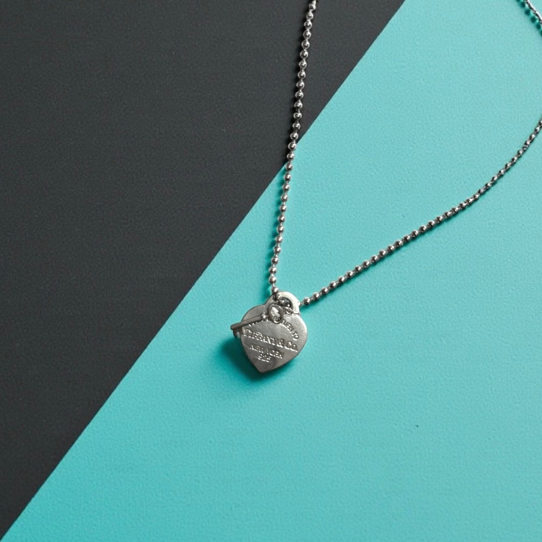 Vintage Tiffany & Co Sterling Silver Heart Key With 36" Beaded Chain