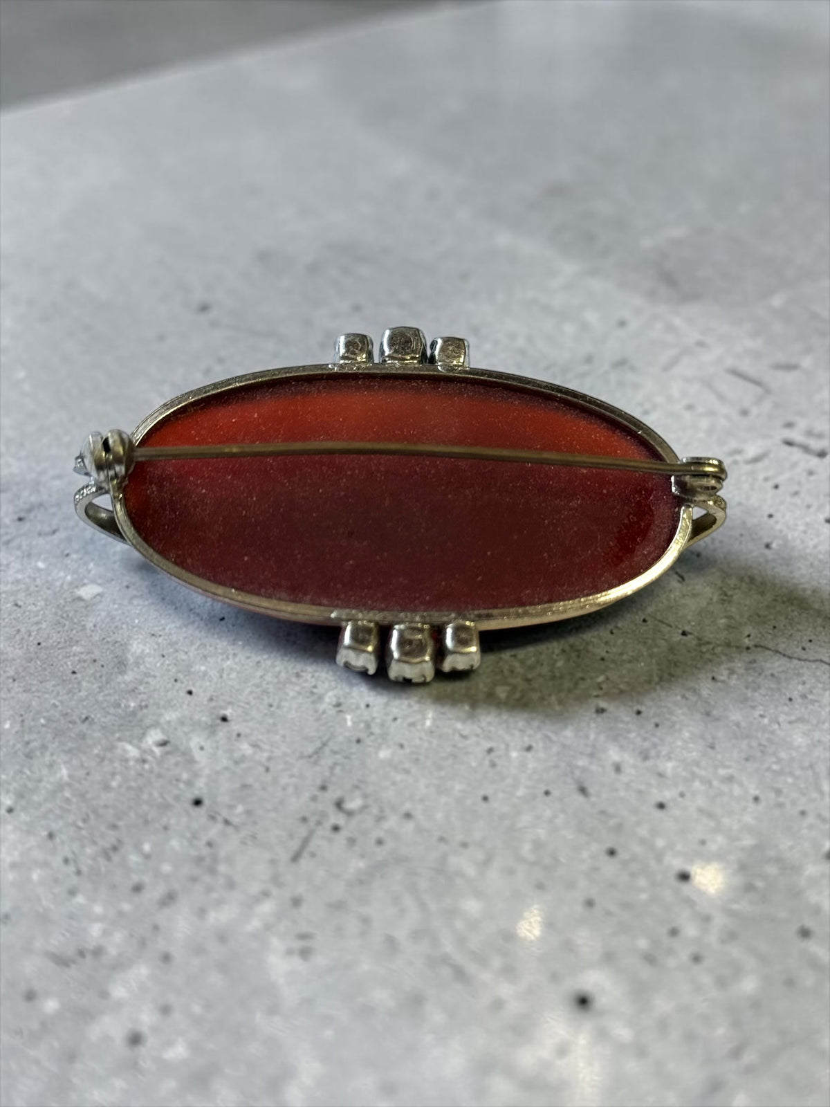 Mid Century Metal Carnelian & Marcasite Statement Brooch & Clip On Earrings