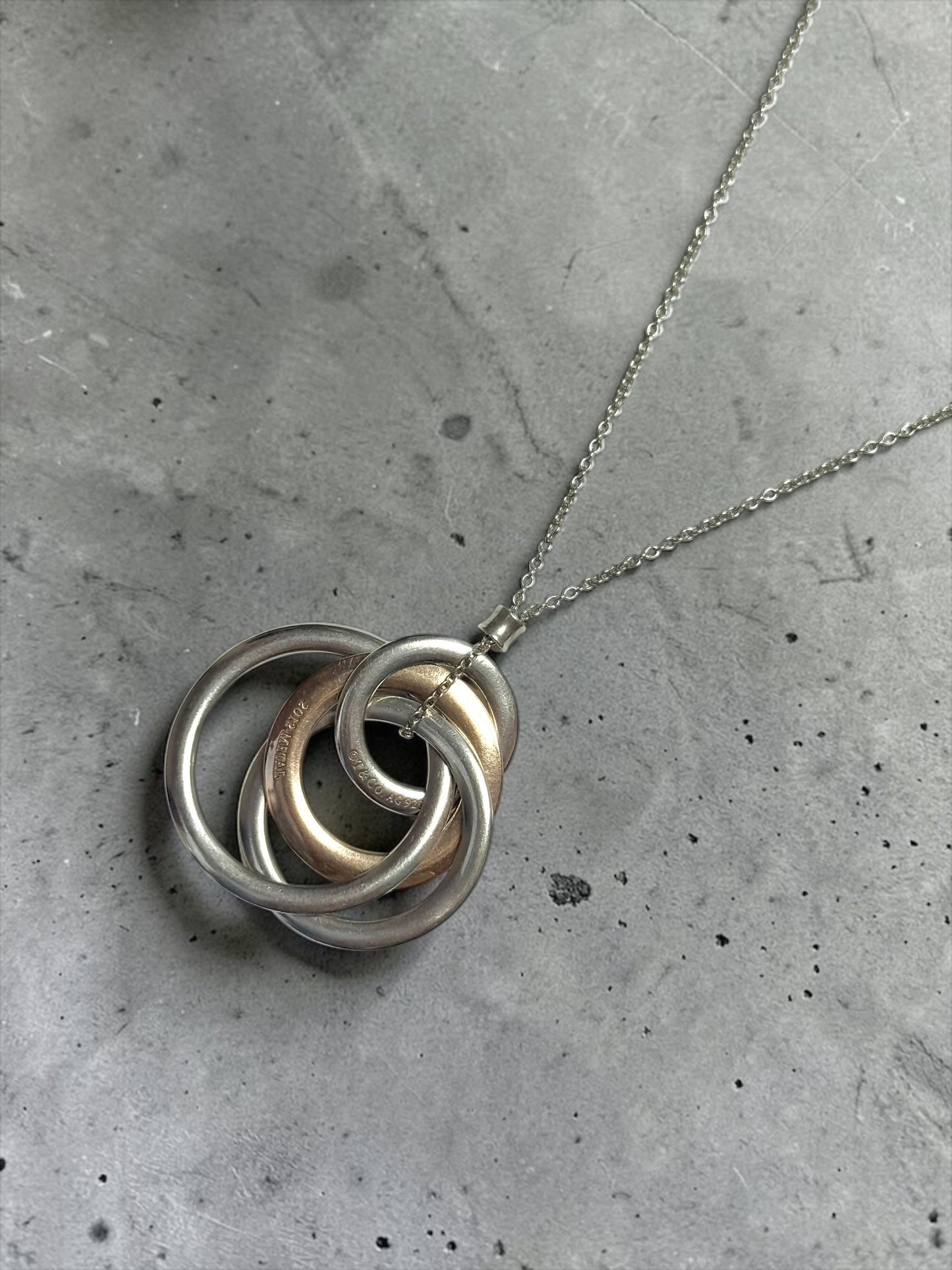 Tiffany & Co Four Circle Large Silver & Rubedo Pendant & Box & 20" Chain