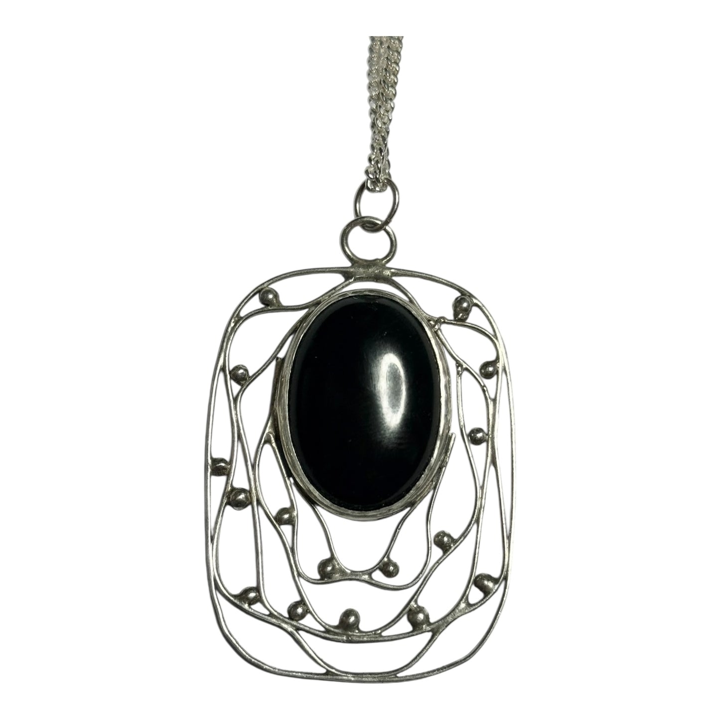 Vintage 1976 Obsidian Cabochon Silver Modernist Pendant & Chain