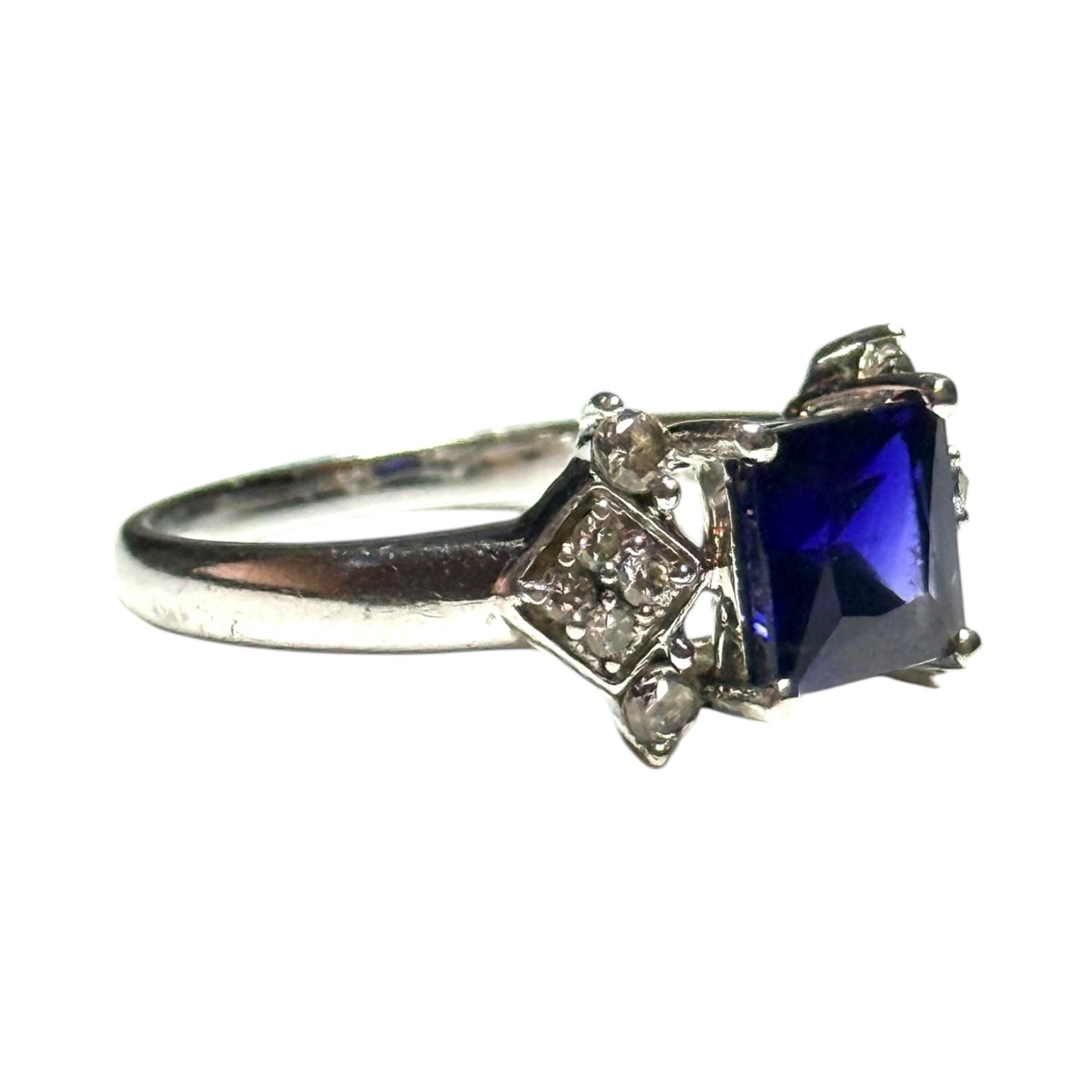 Sapphire & White Stone Silver Ring Size R - CSC