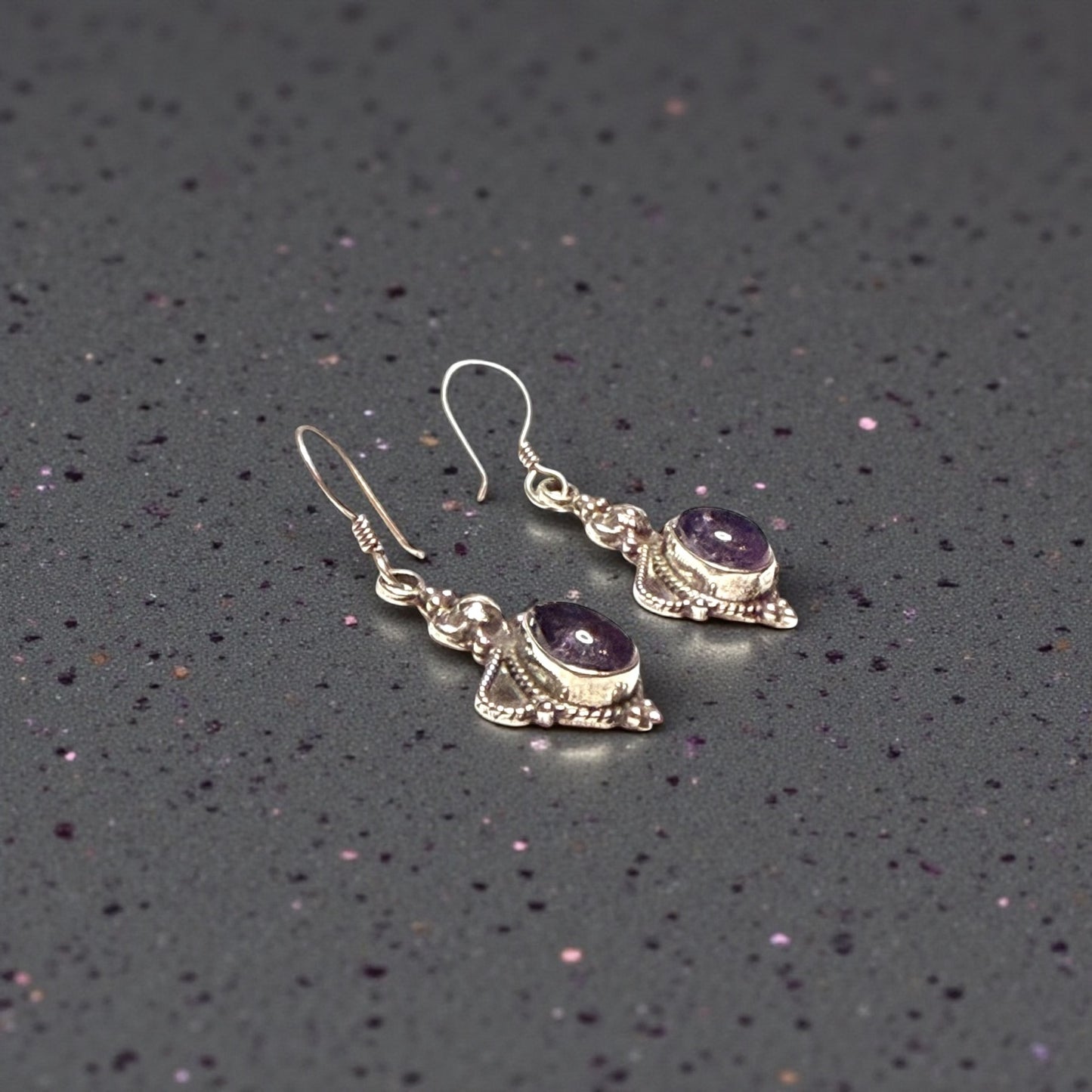 Vintage Amethyst Cabochon Silver Dangle Earrings
