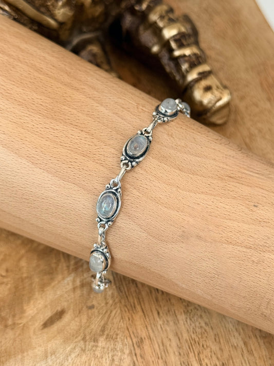Stunning 925 Silver Vintage Moonstone Panel Bracelet Adjustable 7 1/2" - 8"