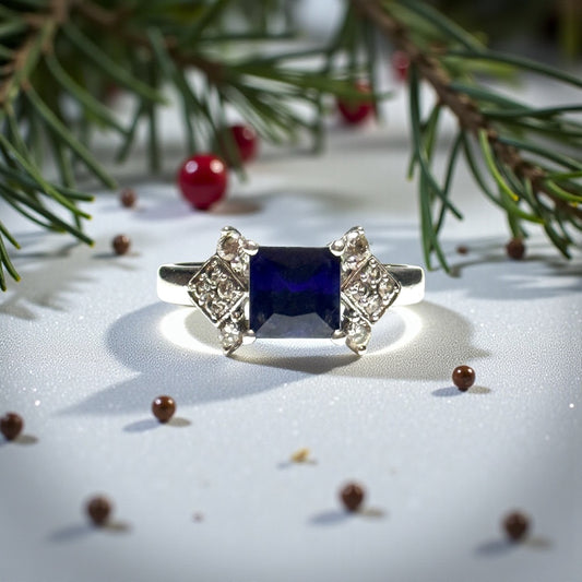 Sapphire & White Stone Silver Ring Size R - CSC
