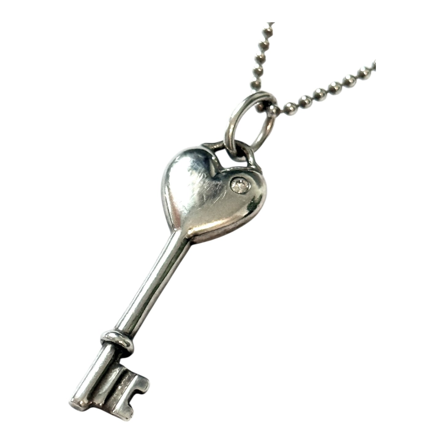 Tiffany & Co Diamond Silver Heart Key Pendant 20" Chain Necklace Rare