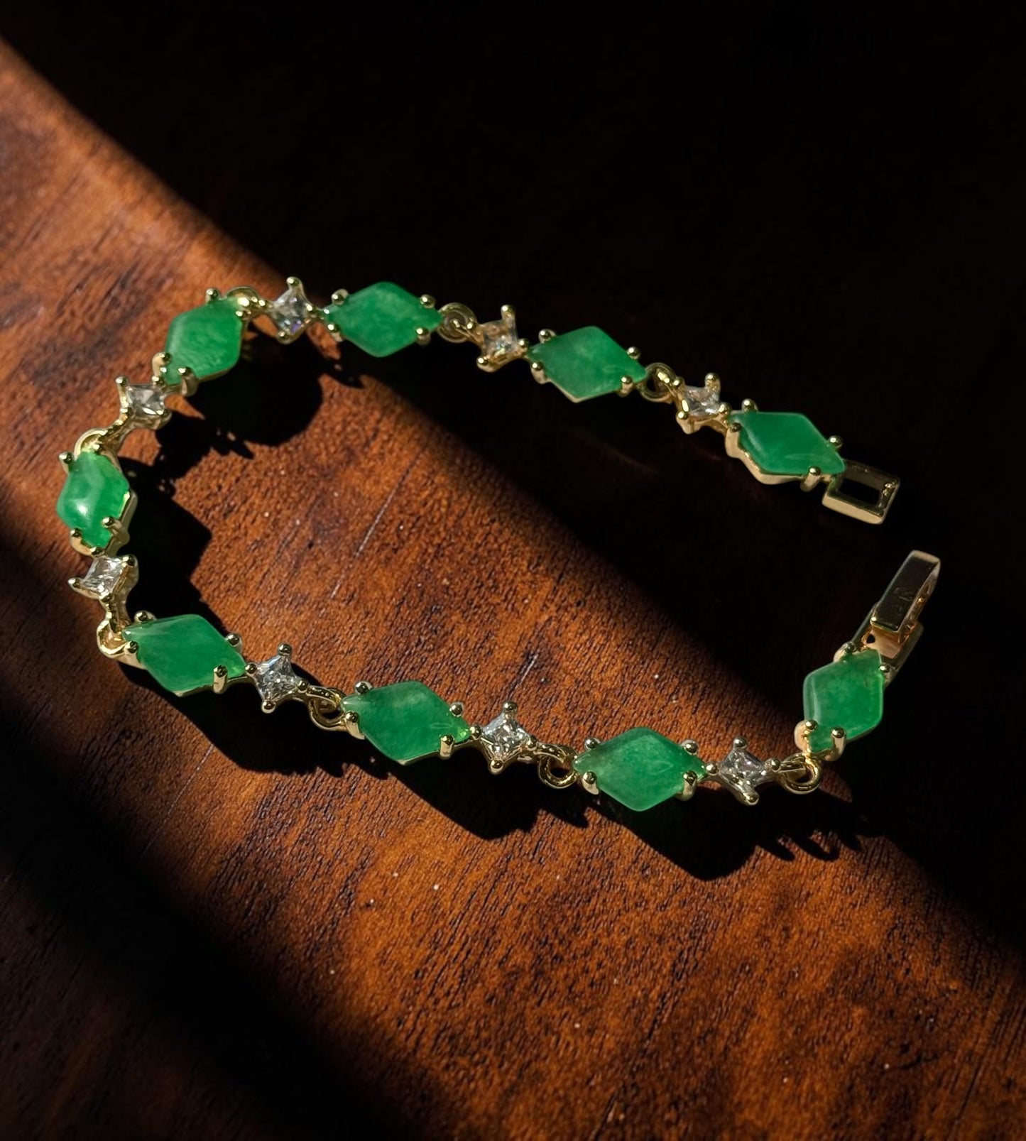 Green Jadeite & CZ Link GP Bracelet 7"