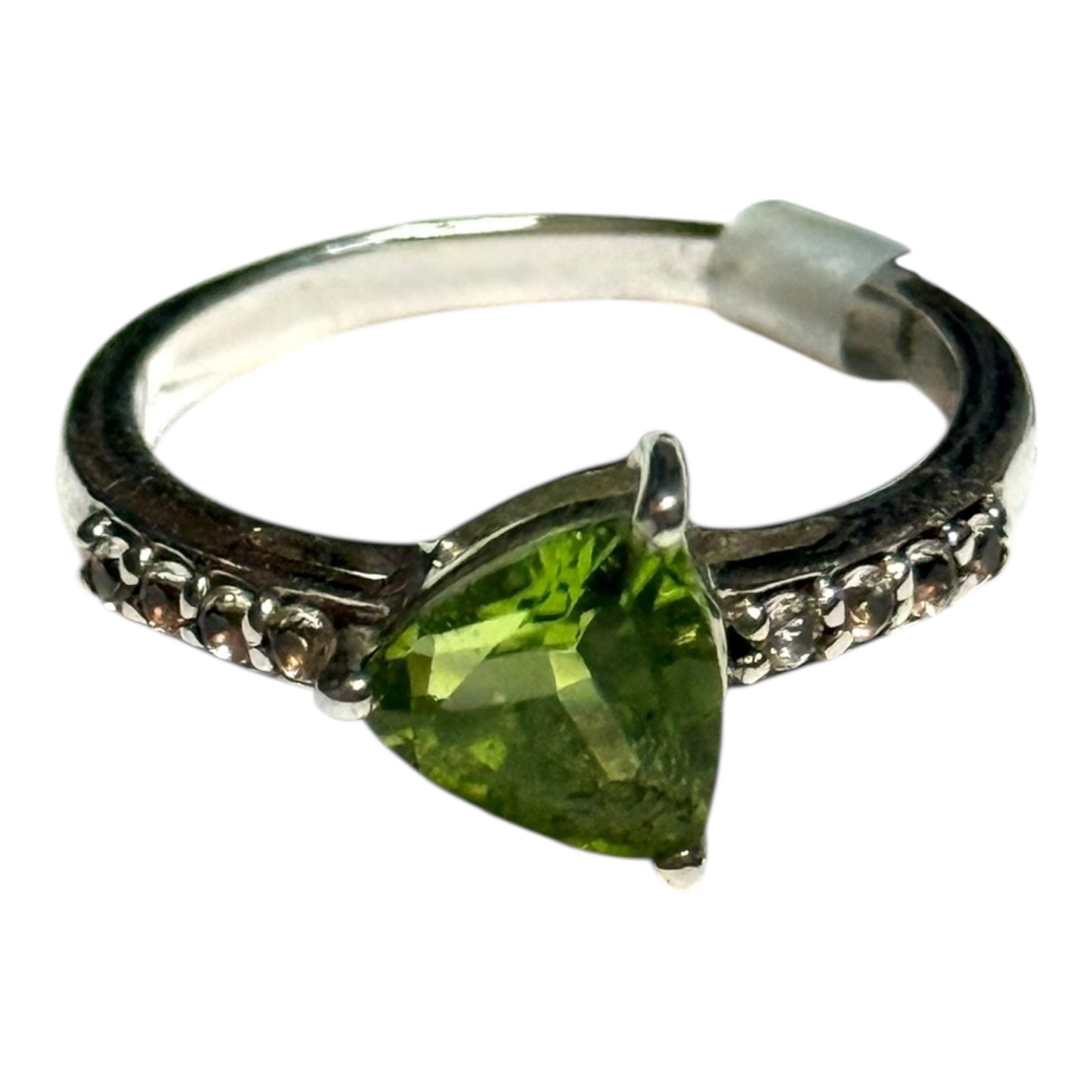 New Offset Peridot Trillion & Zircon Silver Ring Size L CSC