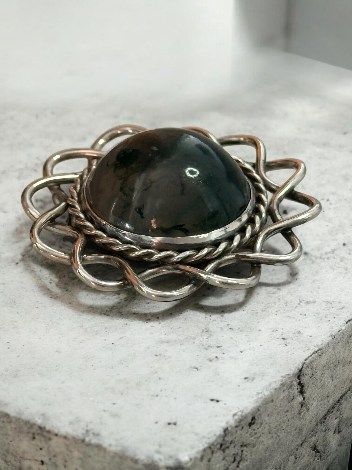 Vintage Glen Kelso Frame Moss Agate Brooch Edinburgh 1967 Hallmarked 925 Silver