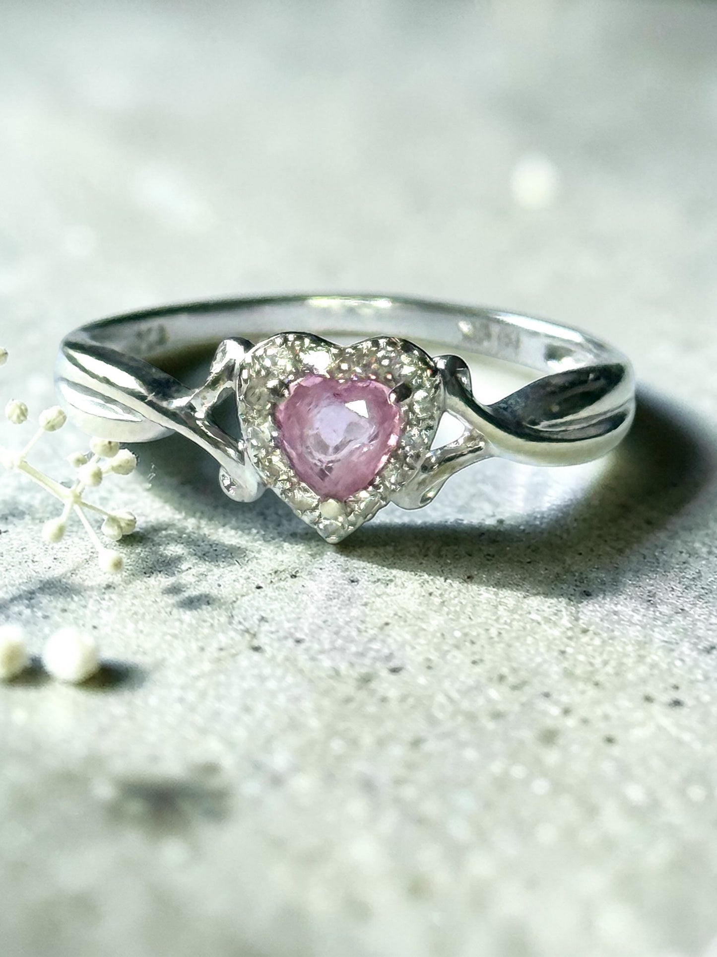 Pink Sapphire Heart & Diamond Halo White Gold Ring