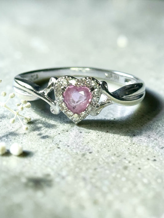 Pink Sapphire Heart & Diamond Halo White Gold Ring