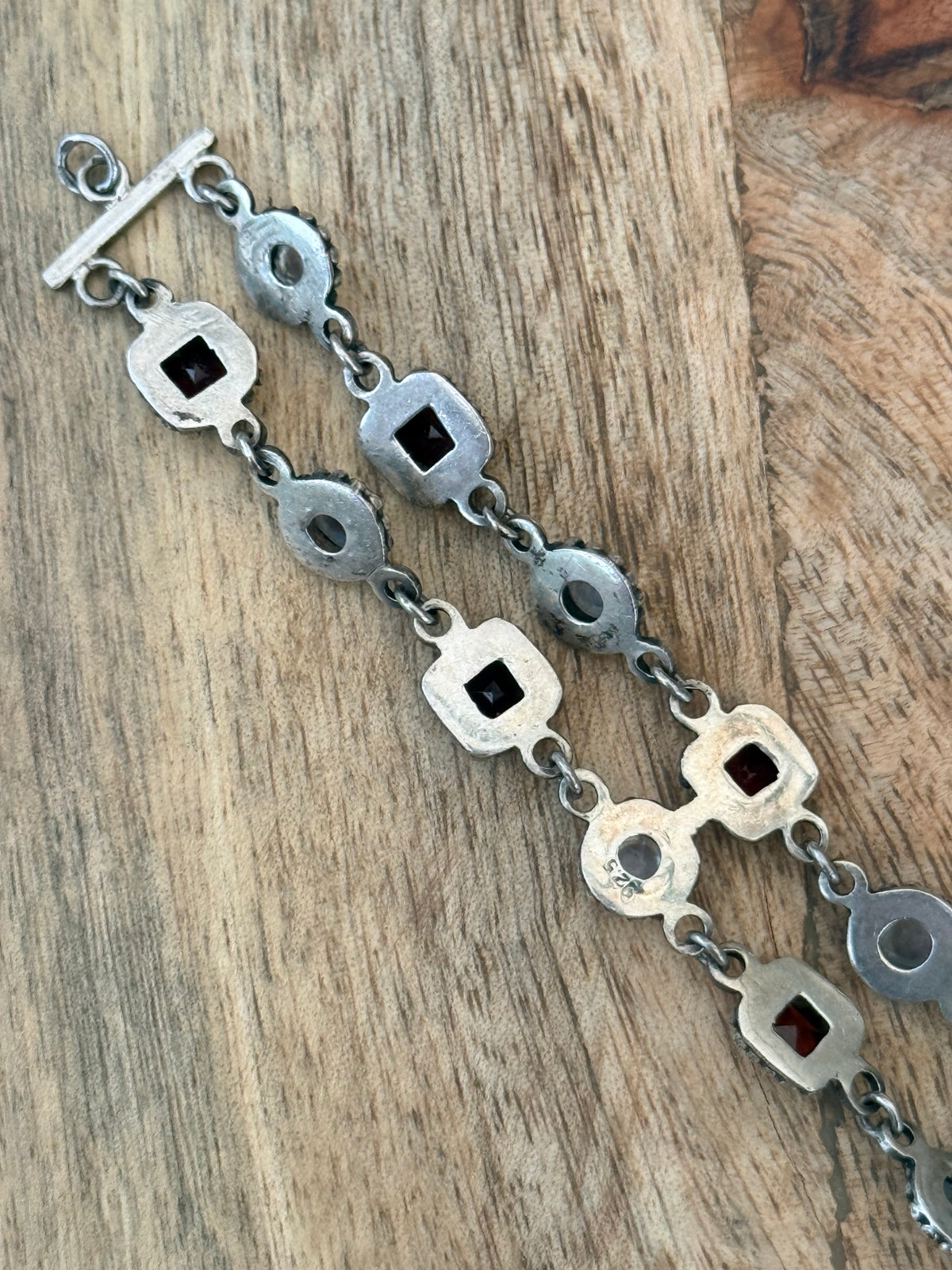 Pretty Double Row Moonstone & Garnet Vintage Bracelet 925 Silver 7 1/2"