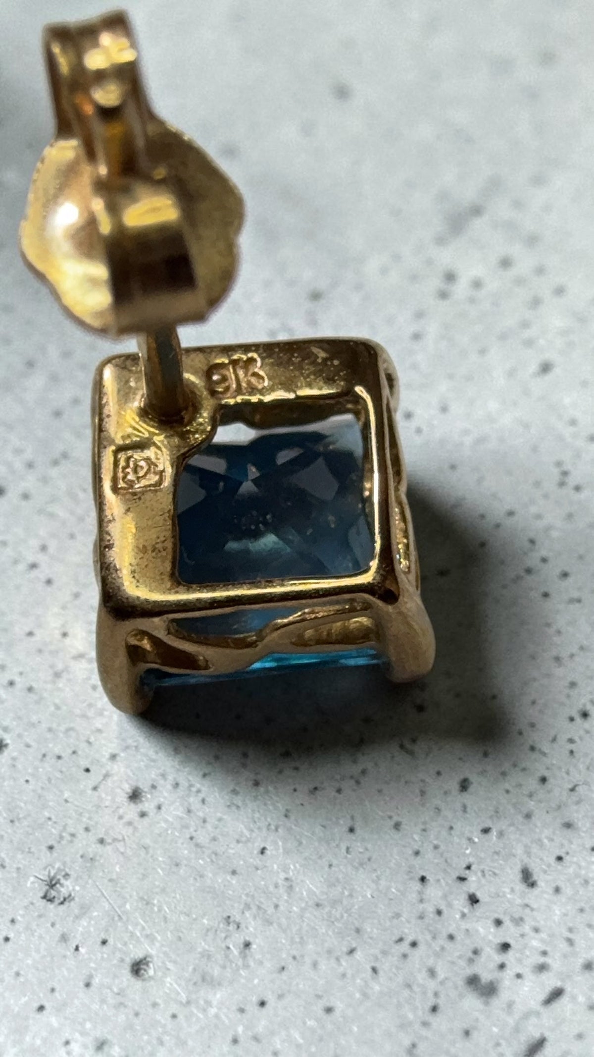 London Blue Topaz Princess Cut 9k Gold Stud Earrings