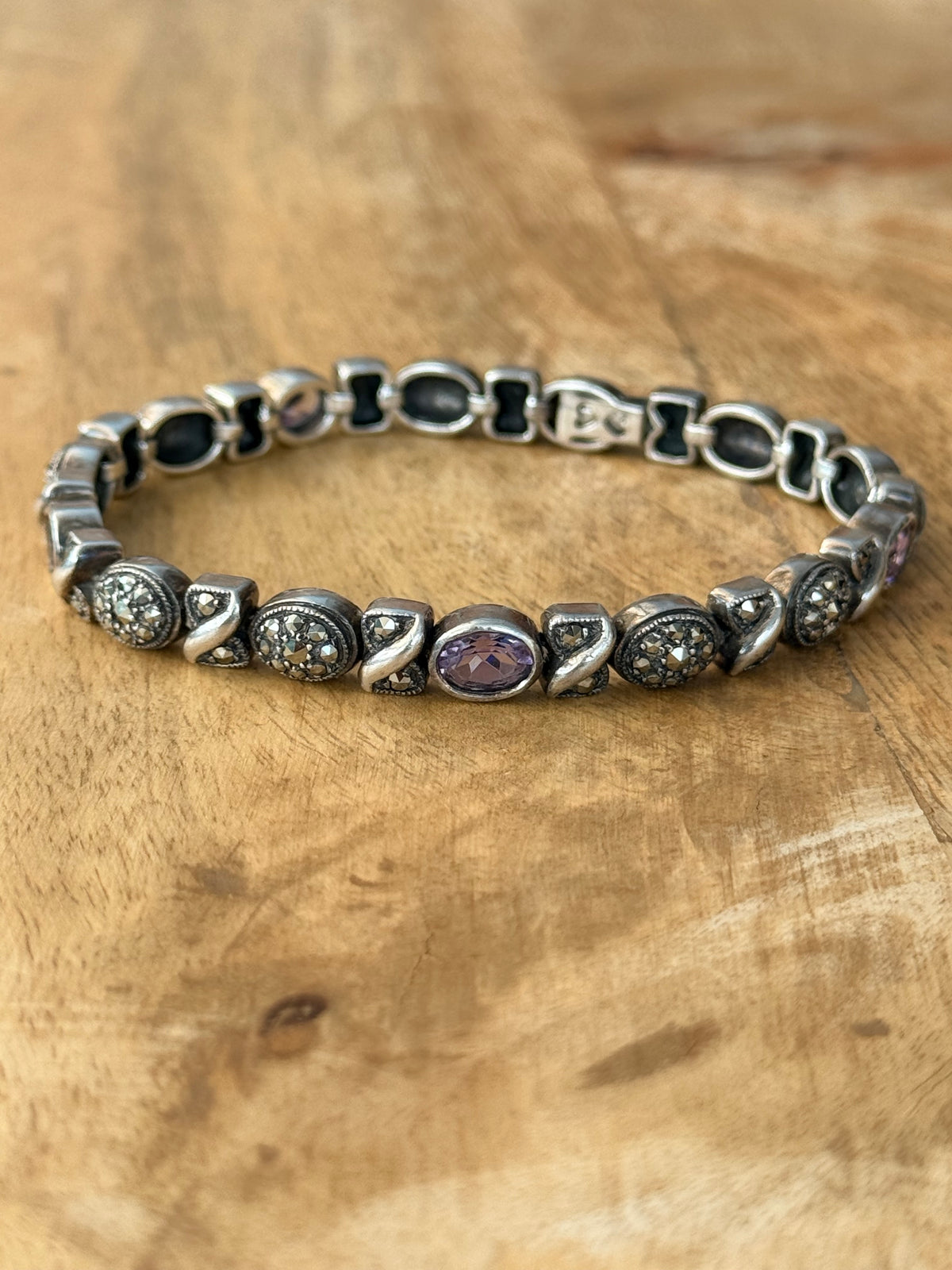 Very Sparkly Art Deco Style Amethyst Marcasite 925 Silver Bracelet 7 1/2"