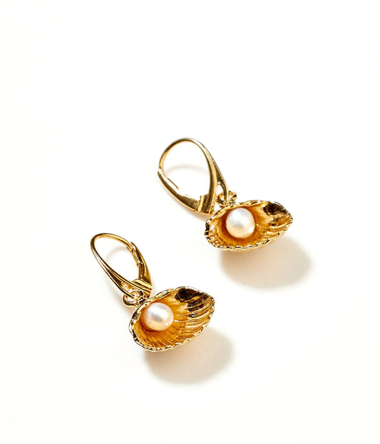 Gold Pearl Sea Shell Drop Earrings