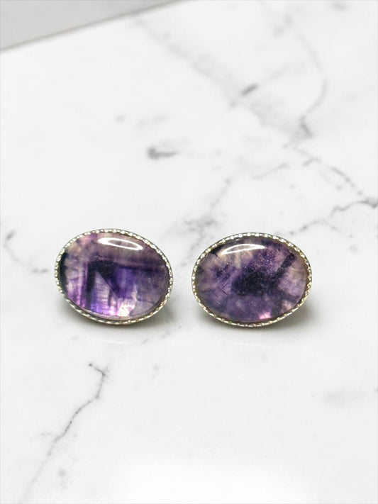 Vintage Oval Blue John 925 Silver Earrings