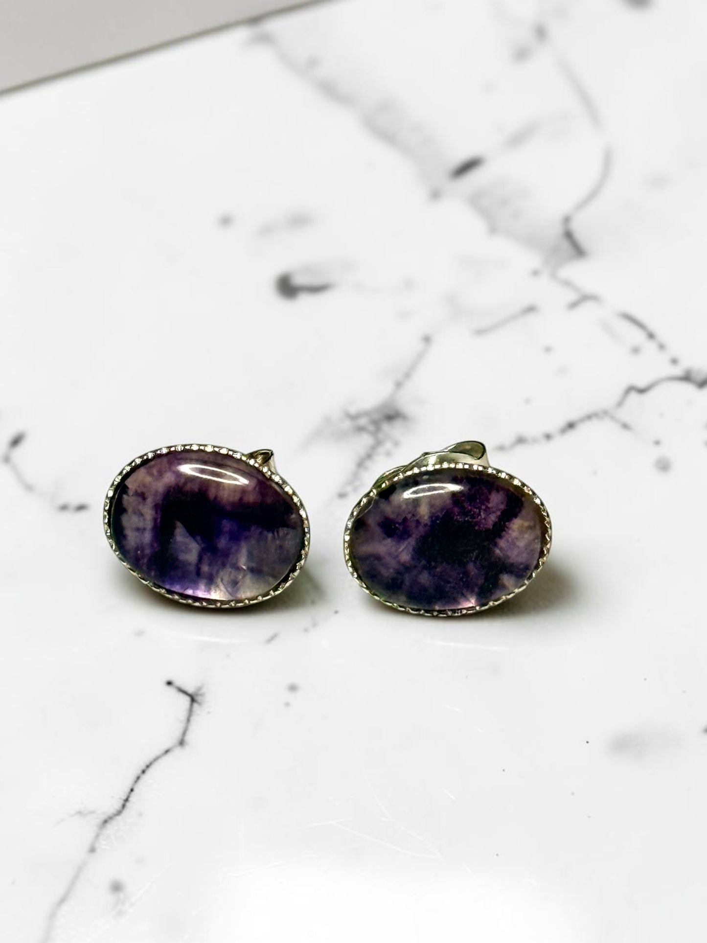 Vintage Oval Blue John 925 Silver Earrings