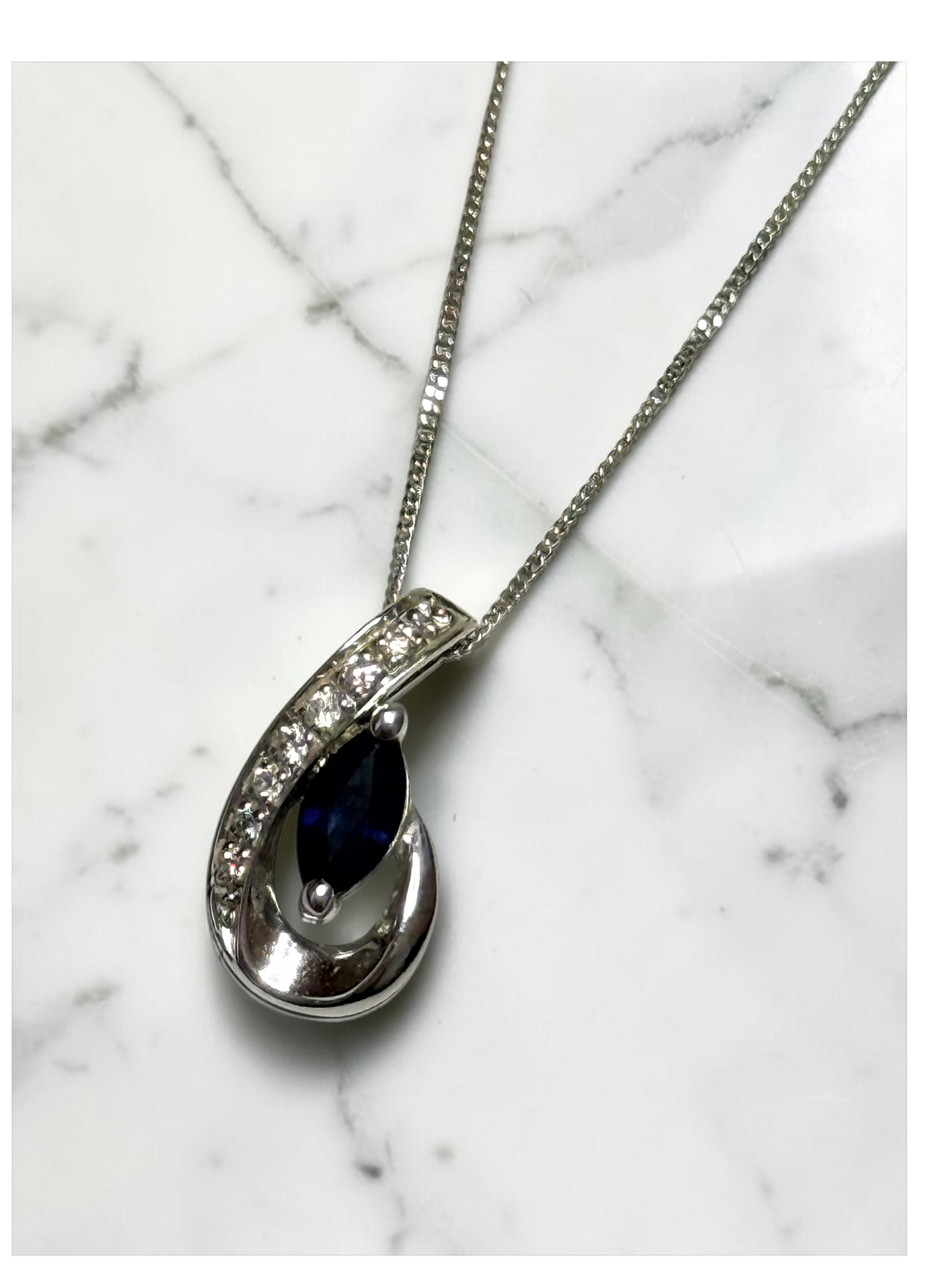 Diamond & Sapphire 9k White Gold Pendant & Chain