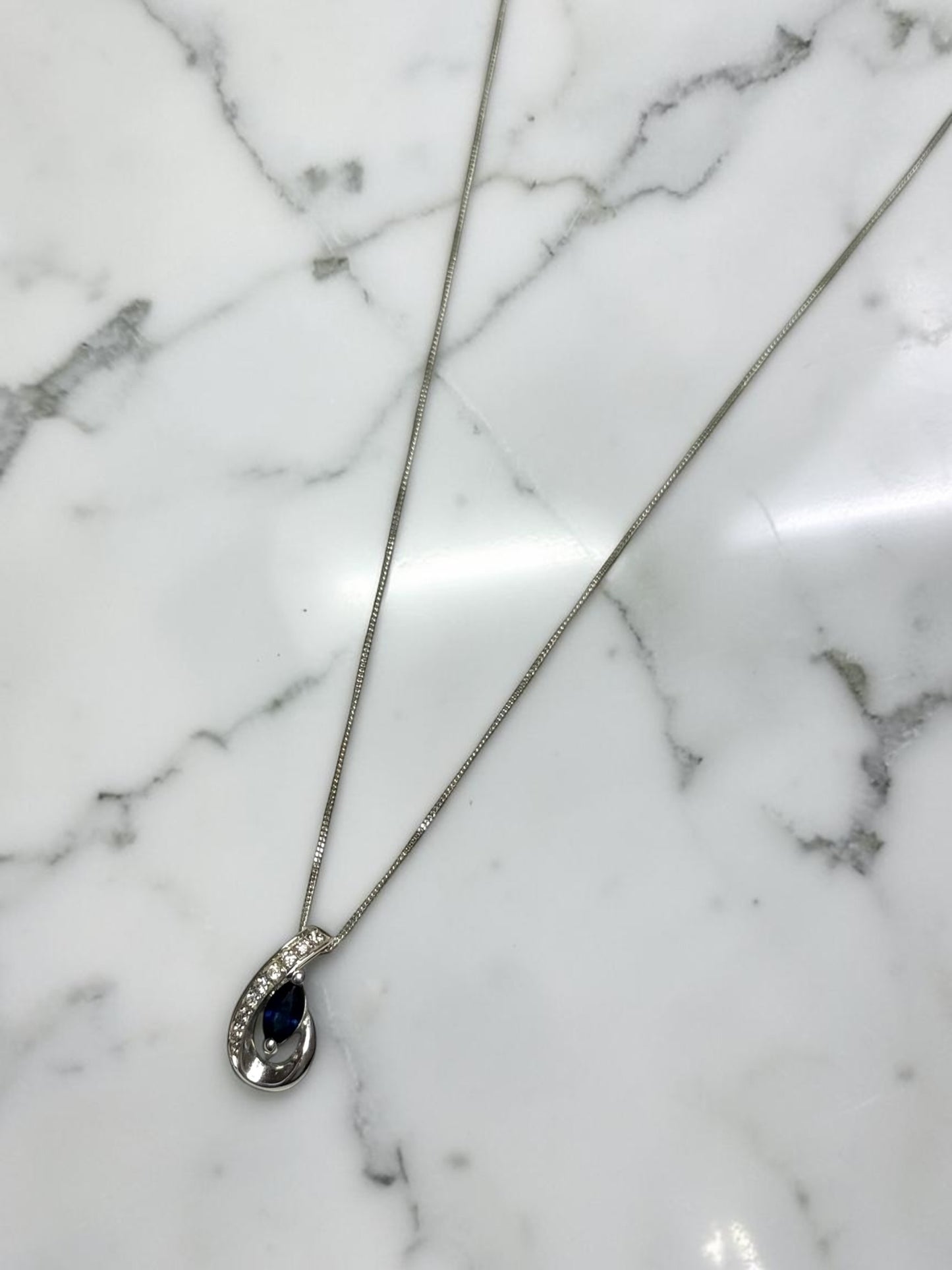 Diamond & Sapphire 9k White Gold Pendant & Chain