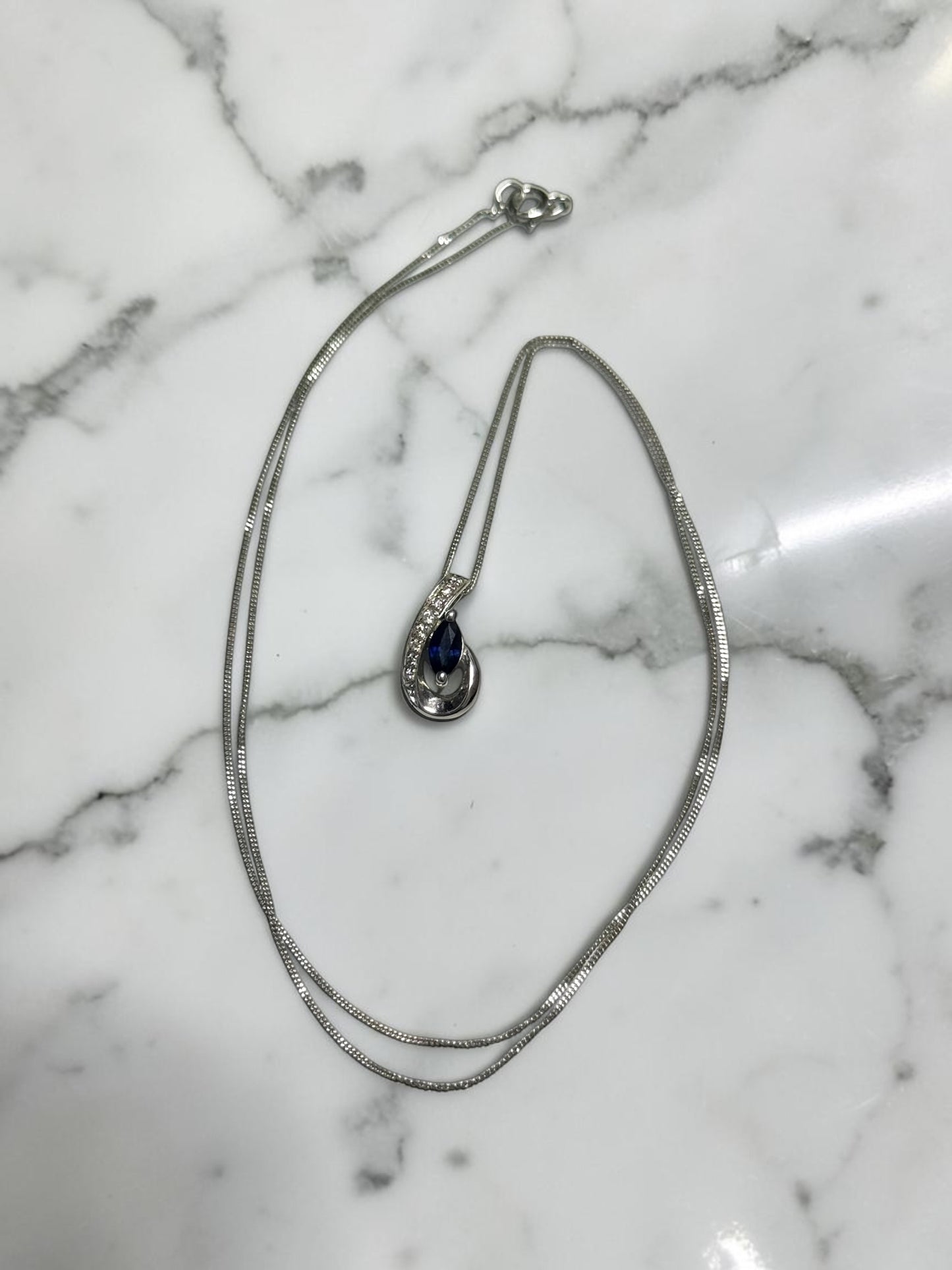 Diamond & Sapphire 9k White Gold Pendant & Chain