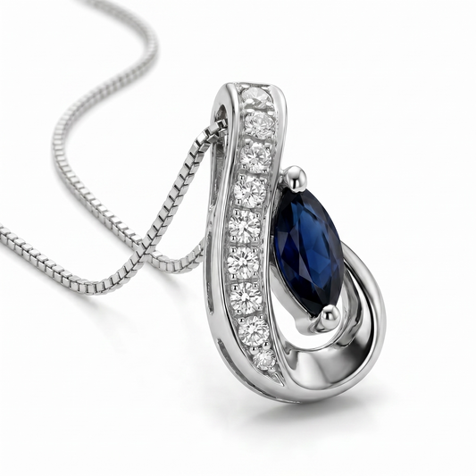 Diamond & Sapphire 9k White Gold Pendant & Chain