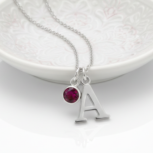 Initial Letter & Birthstone Charm Necklace