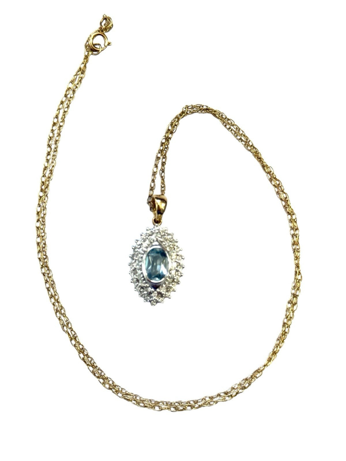 Stunning Piece Of Work - Topaz & Diamond Halo Pendant in Gold & Chain
