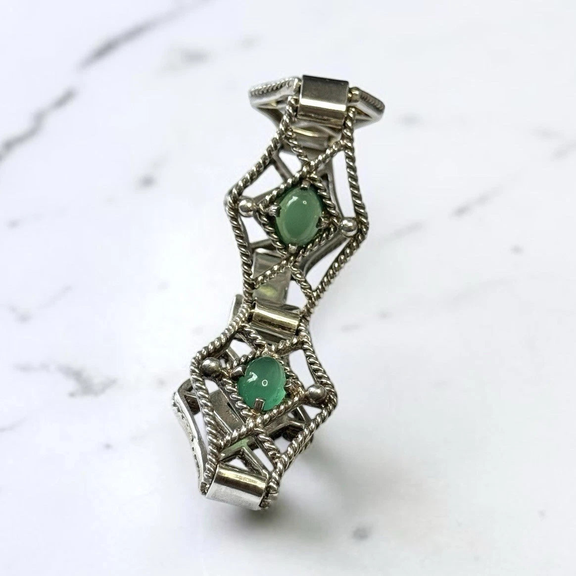 E Lilley & Co Mid Century Silver Vintage Chrysoprase Panel Bracelet  7.5"