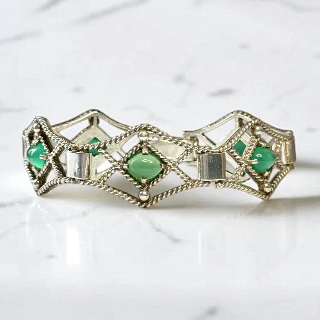 E Lilley & Co Mid Century Silver Vintage Chrysoprase Panel Bracelet  7.5"