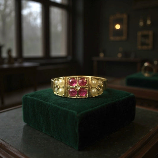 Victorian Pink Sapphire, Diamond & Split Pearl 15ct Gold Ring