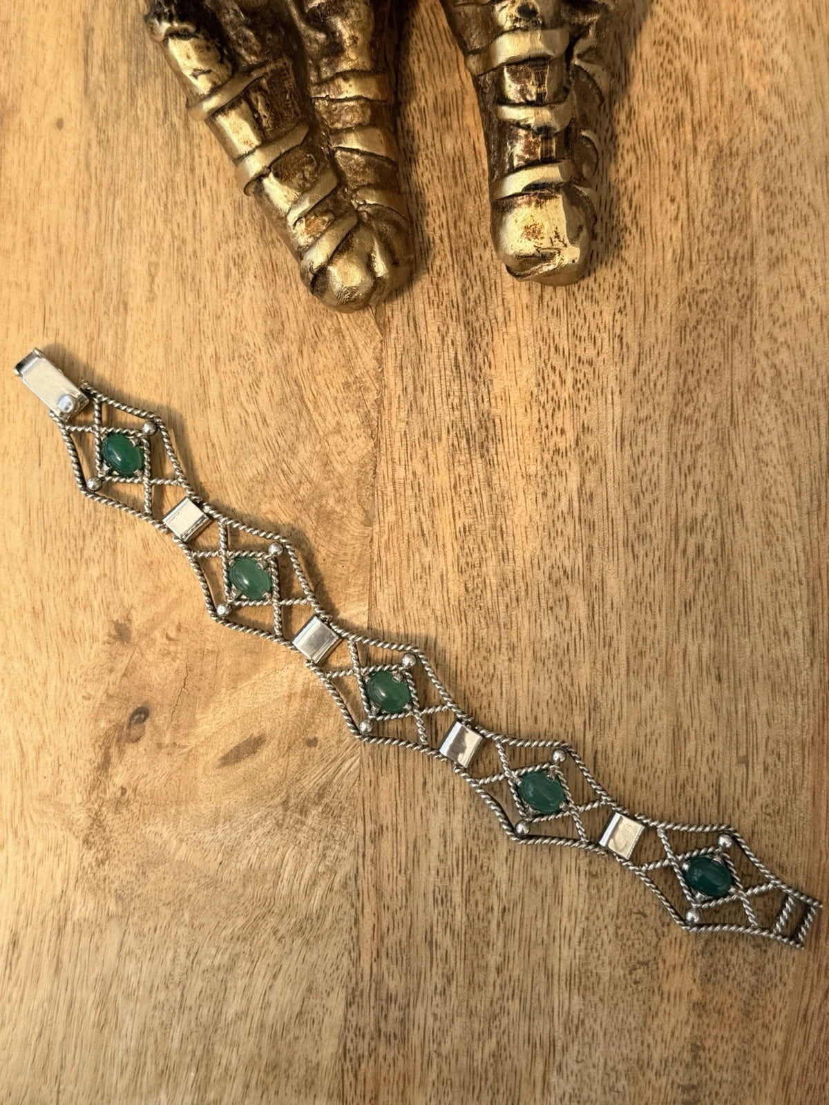 E Lilley & Co Mid Century Silver Vintage Chrysoprase Panel Bracelet  7.5"