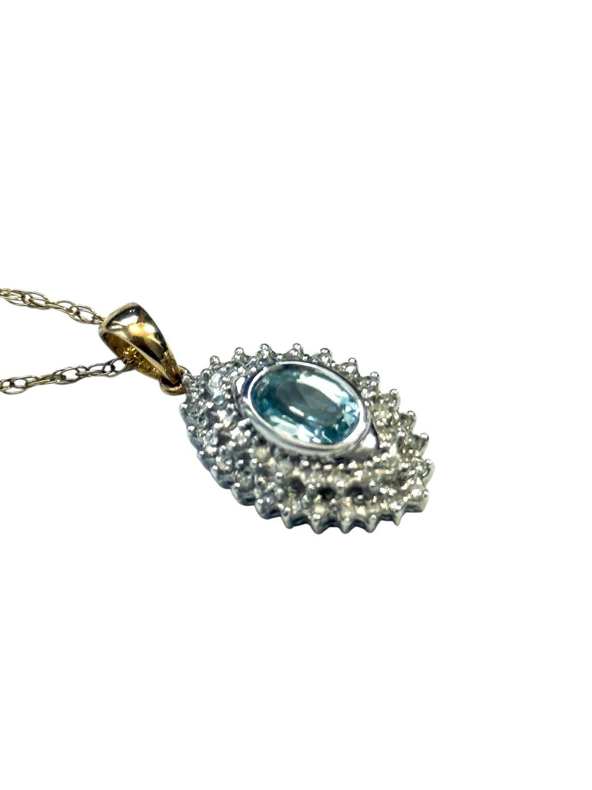 Stunning Piece Of Work - Topaz & Diamond Halo Pendant in Gold & Chain