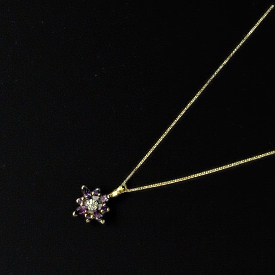 Pretty Amethyst & Diamond Gold Pendant & Chain