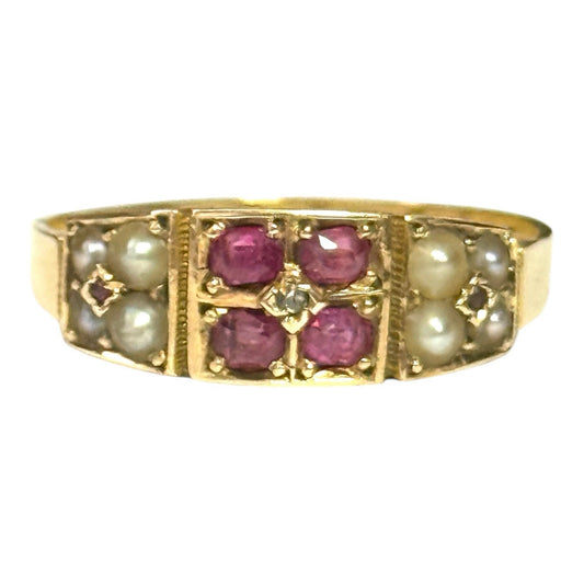 Victorian Pink Sapphire, Diamond & Split Pearl 15ct Gold Ring