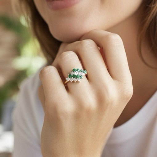 Vintage Diagonally Set Emerald & Diamond Gold Ring