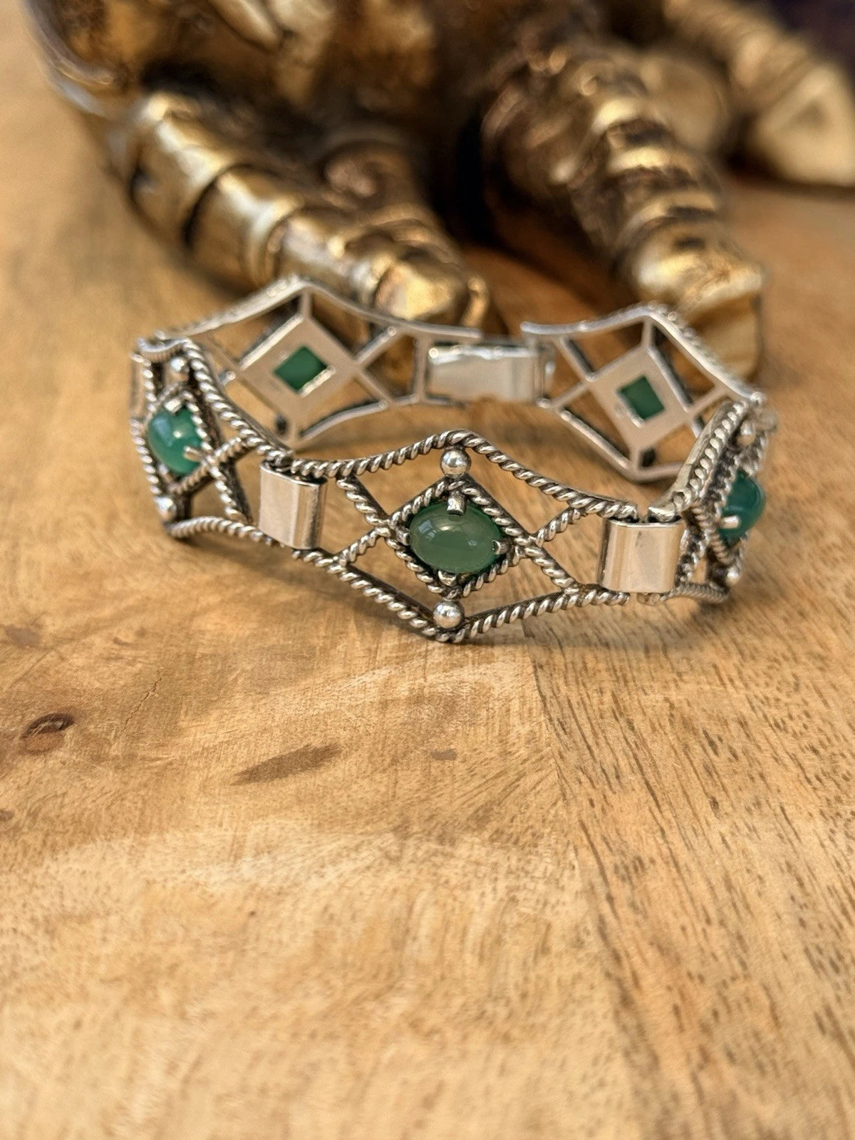 E Lilley & Co Mid Century Silver Vintage Chrysoprase Panel Bracelet  7.5"