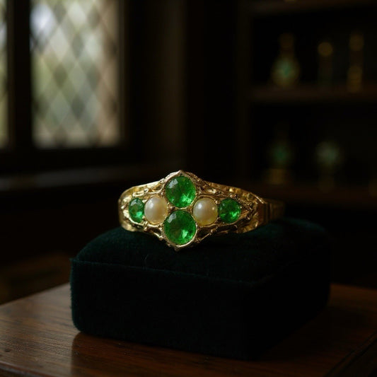 Marvelous Victorian 1903 Emeralds & Split Pearl Ring