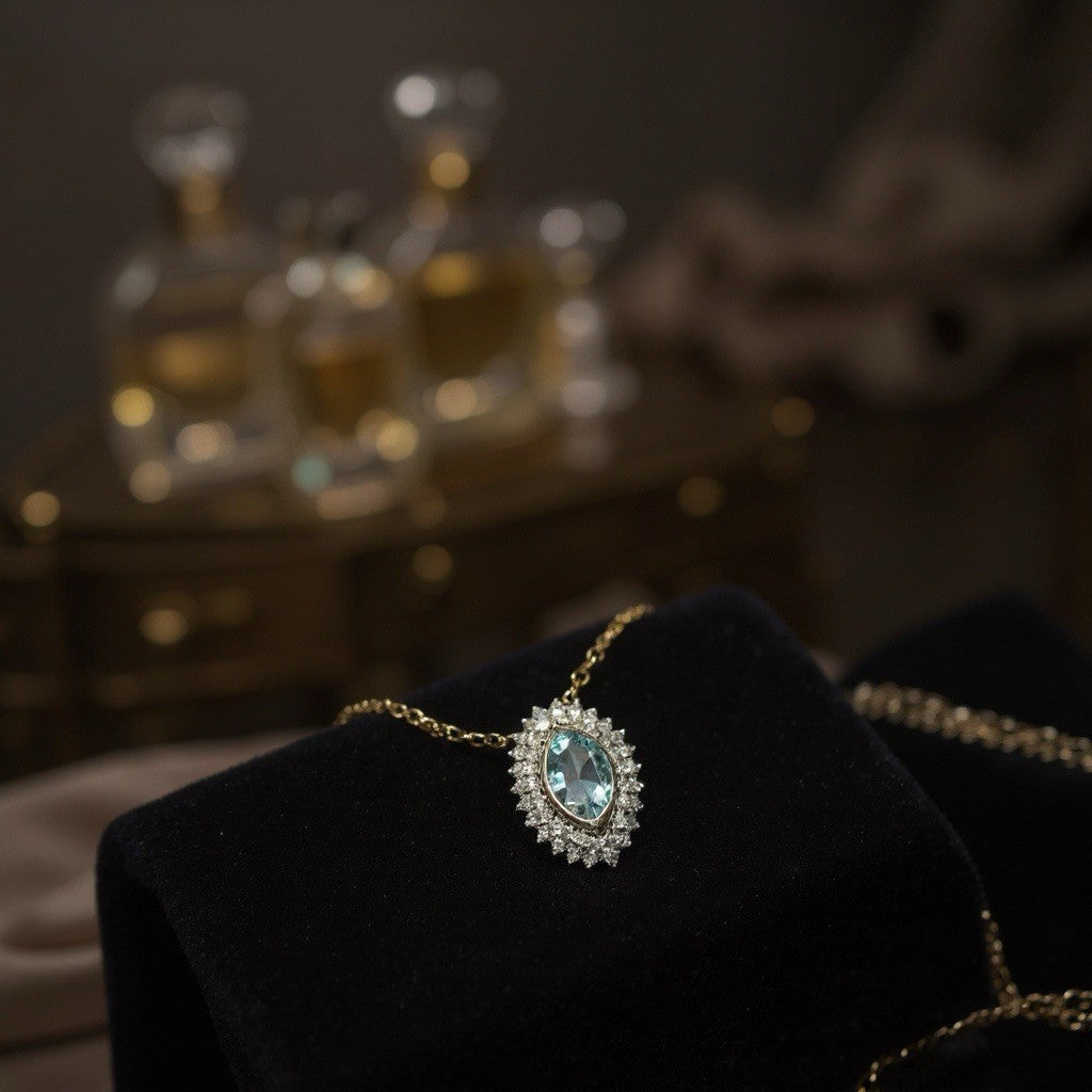 Stunning Piece Of Work - Topaz & Diamond Halo Pendant in Gold & Chain