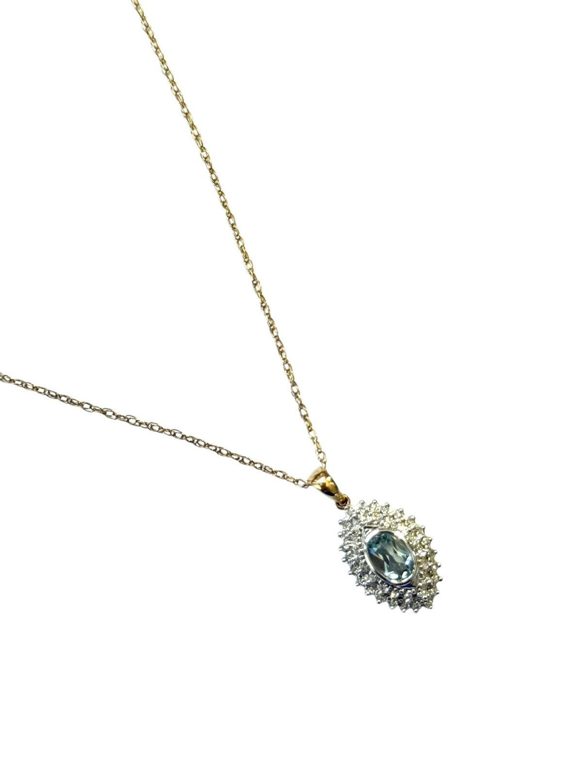 Stunning Piece Of Work - Topaz & Diamond Halo Pendant in Gold & Chain