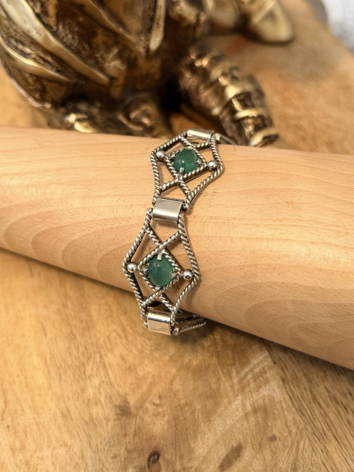 E Lilley & Co Mid Century Silver Vintage Chrysoprase Panel Bracelet  7.5"