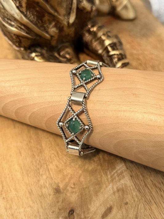 E Lilley & Co Mid Century Silver Vintage Chrysoprase Panel Bracelet  7.5"