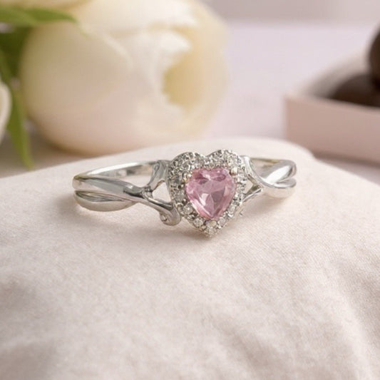 Pink Sapphire Heart & Diamond Halo White Gold Ring