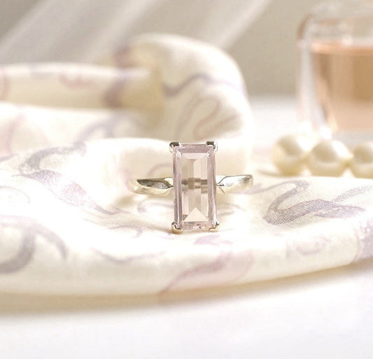 Devine Pink Lavender Amethyst Solitaire Baguette Cut White Gold Ring
