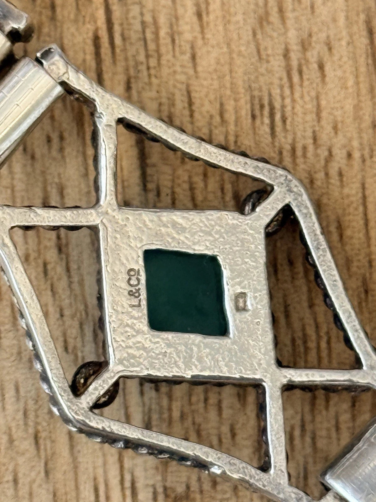 E Lilley & Co Mid Century Silver Vintage Chrysoprase Panel Bracelet  7.5"