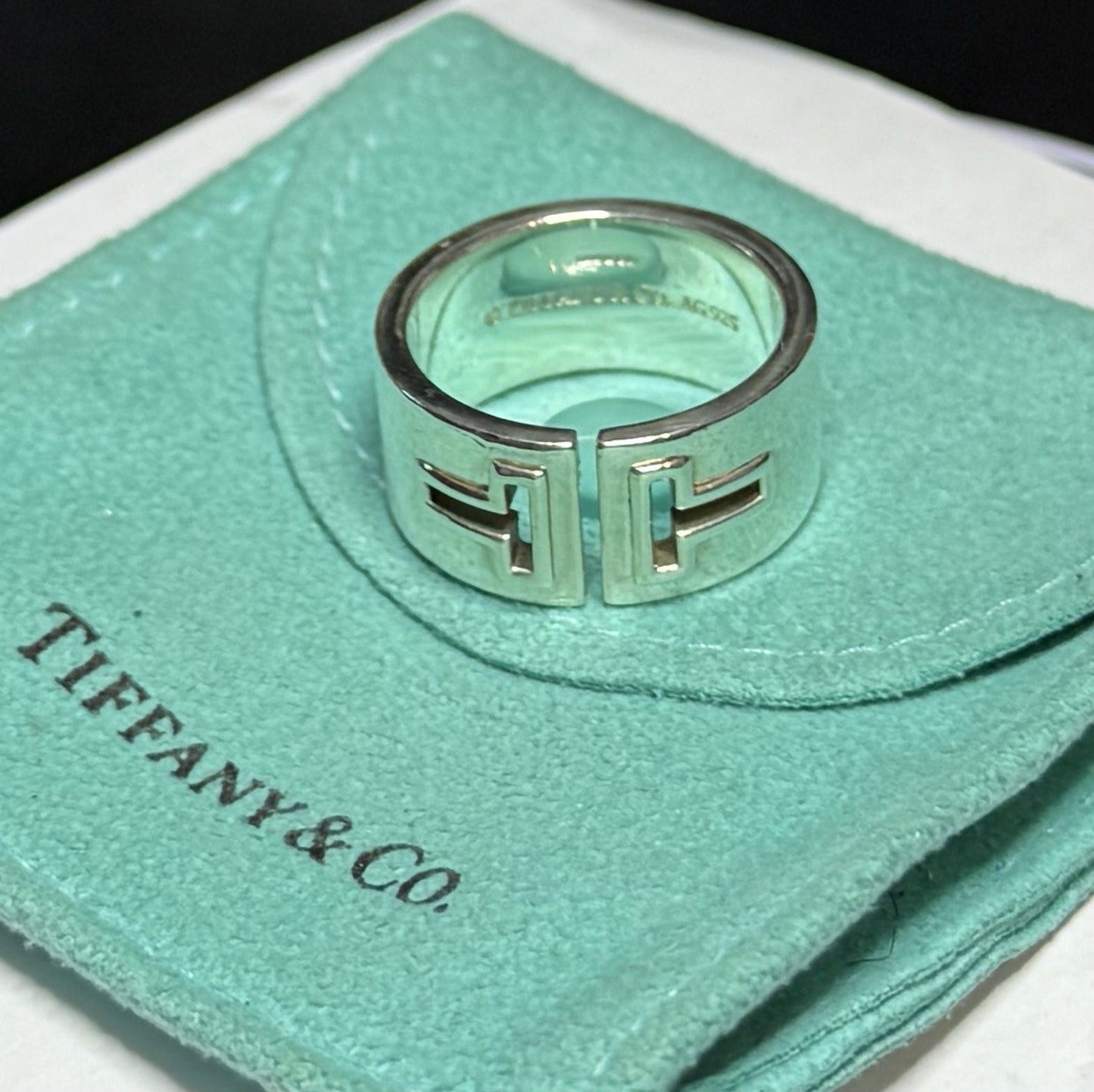 Tiffany & Co Sterling Silver T Cutout Wide Band Ring. Size P Retired