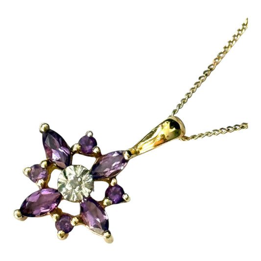 Pretty Amethyst & Diamond Gold Pendant & Chain