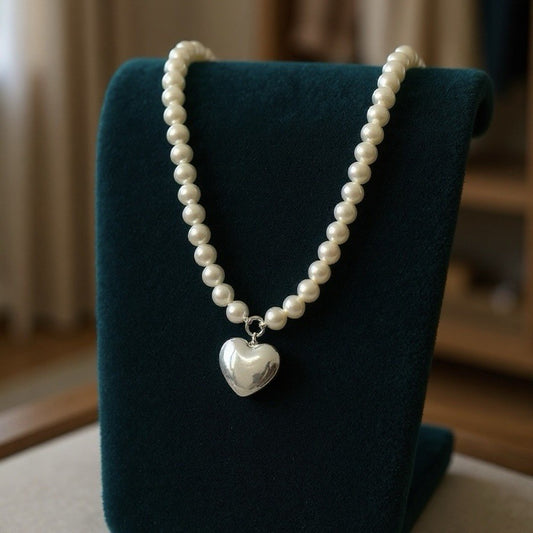 Cultured Pearl & Silver Heart Necklace Hallmarked