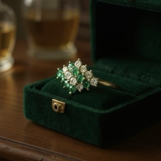 Vintage Diagonally Set Emerald & Diamond Gold Ring